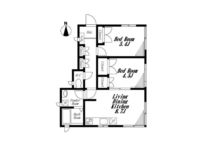 - 3つの寝室とリビングダイニングキッチンを備えた間取り図、各部屋の広さや設備を示すラベル付き