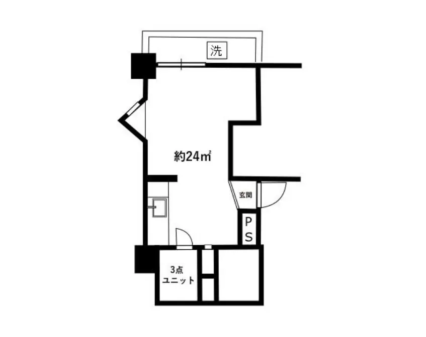 - 約24㎡の間取り図、洗面所、玄関、3点ユニットが配置された効率的な住宅設計