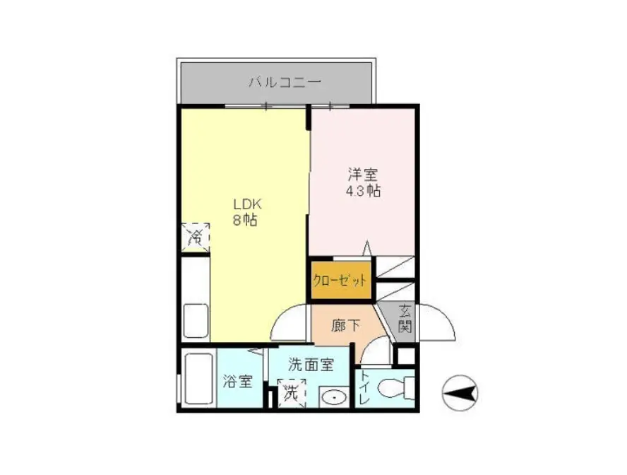 - LDK8帖、洋室4.3帖、クローゼット、洗面室、トイレを含む間取り図、バルコニー付きの住宅設計