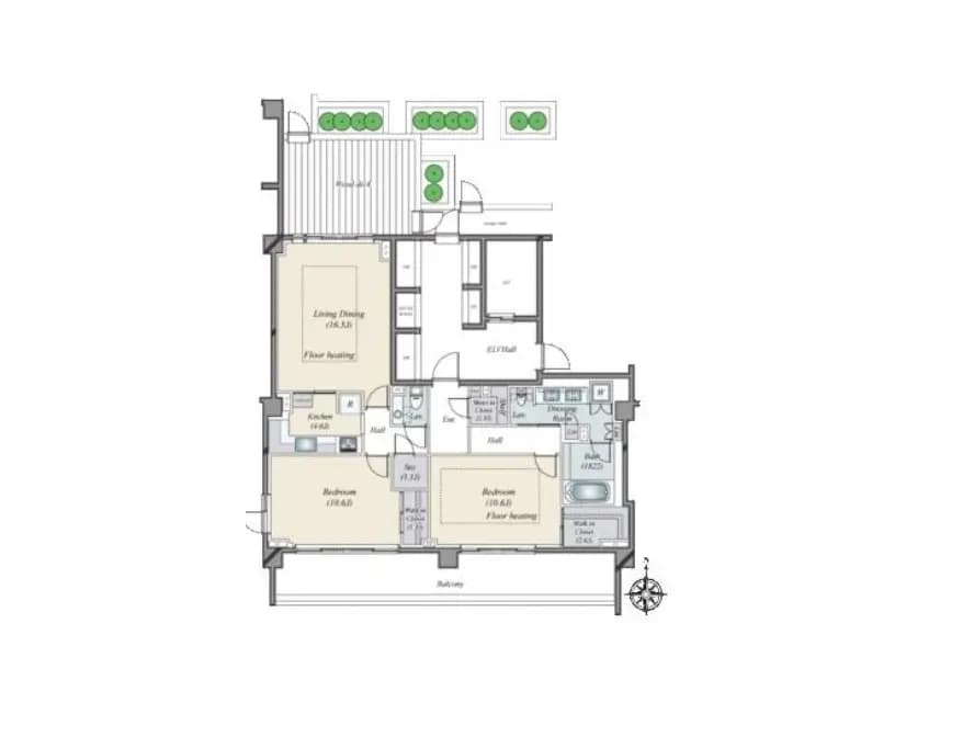 - 4LDKの間取り図、リビングダイニング、3つの寝室、キッチン、バスルーム、バルコニーを含む住居設計