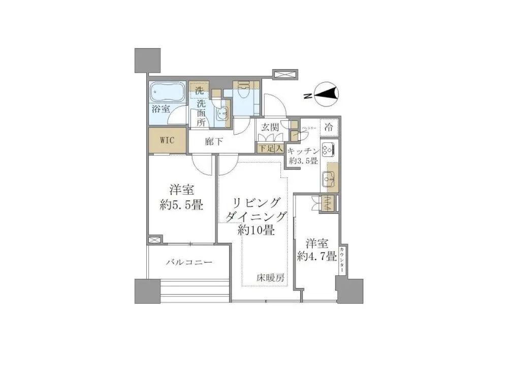 - リビングダイニング約10畳、広々とした間取りの間取り図、洋室2部屋、キッチン、バルコニー、浴室と洗面所が配置された設計図