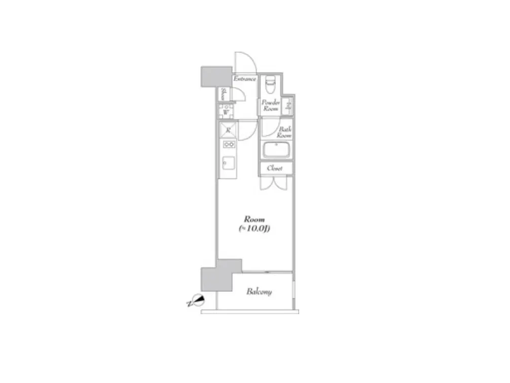 - シンプルな間取り図、約10畳の部屋、バルコニー、バスルーム、洗面所、クローゼットの配置を示すレイアウト