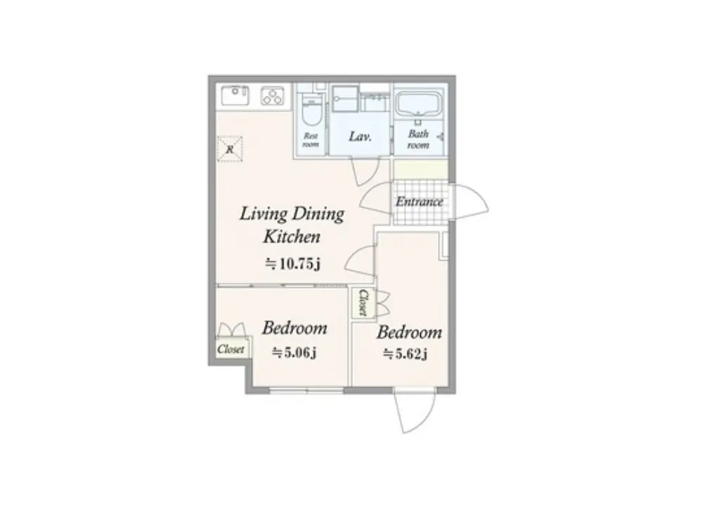 - リビングダイニングキッチンと二つのベッドルームを持つ間取り図、広さはそれぞれ10.75畳、5.06畳、5.62畳、入口と洗面所、浴室が配置された設計