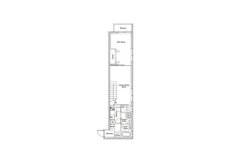 - 住宅の間取り図、1階にリビング・ダイニングルームとキッチン、2階に寝室とバルコニーが配置された設計