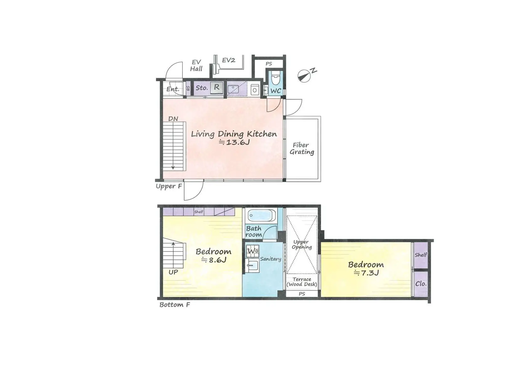- 2階建て住宅の間取り図、1階には広々としたリビングダイニングキッチンとトイレ、2階には3つの寝室とバスルームが配置されている