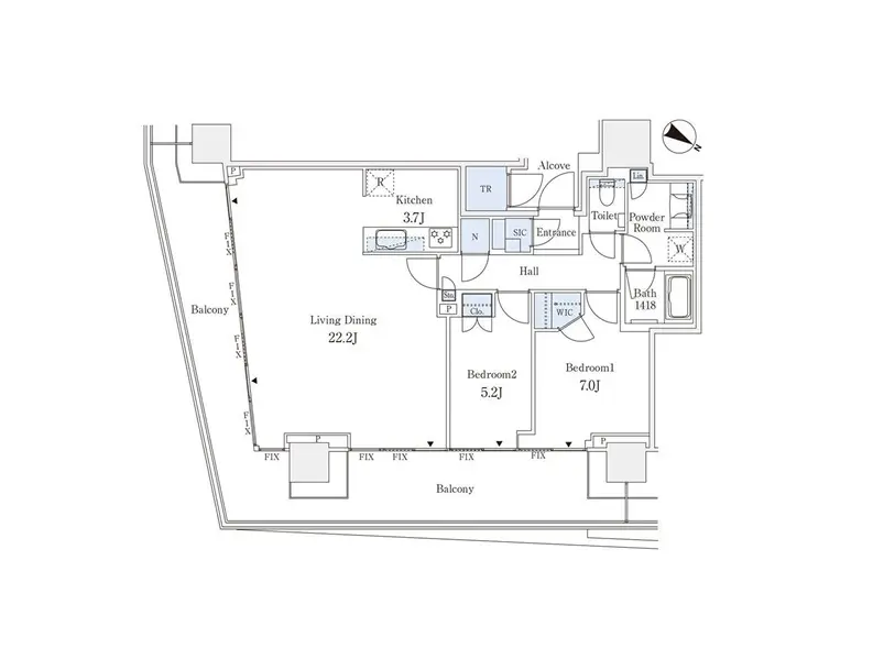 - 住居の間取り図、リビングダイニング22.2畳、キッチン、2つの寝室、バルコニーと各部屋の広さが示されたデザイン
