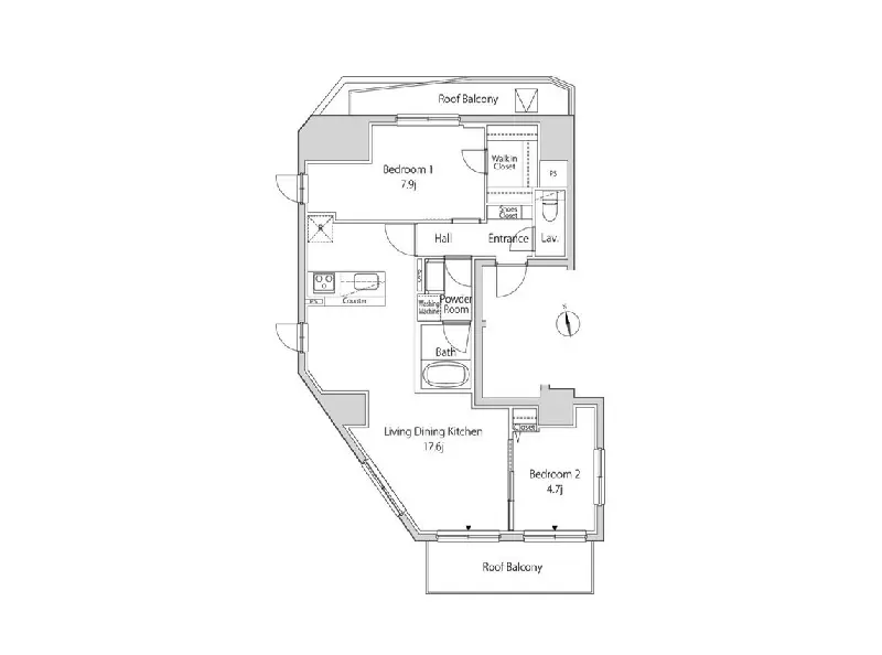 - 2つの寝室、広々としたリビングダイニングキッチン、屋上バルコニーを含む間取り図の詳細