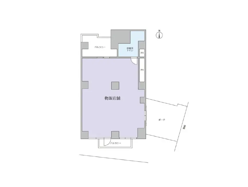 - 物販店舗の間取り図、広い販売スペースとトイレ、バルコニー、ポーチを含む設計
