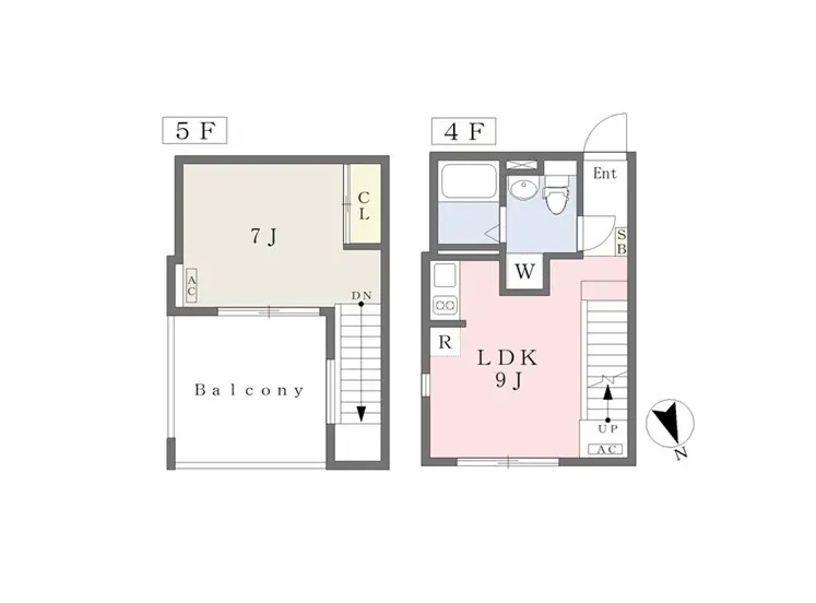 - 4階と5階の間取り図、リビングダイニングキッチン（LDK）と洋室（7畳）、バルコニー、収納スペースの配置を示した詳細な図面
