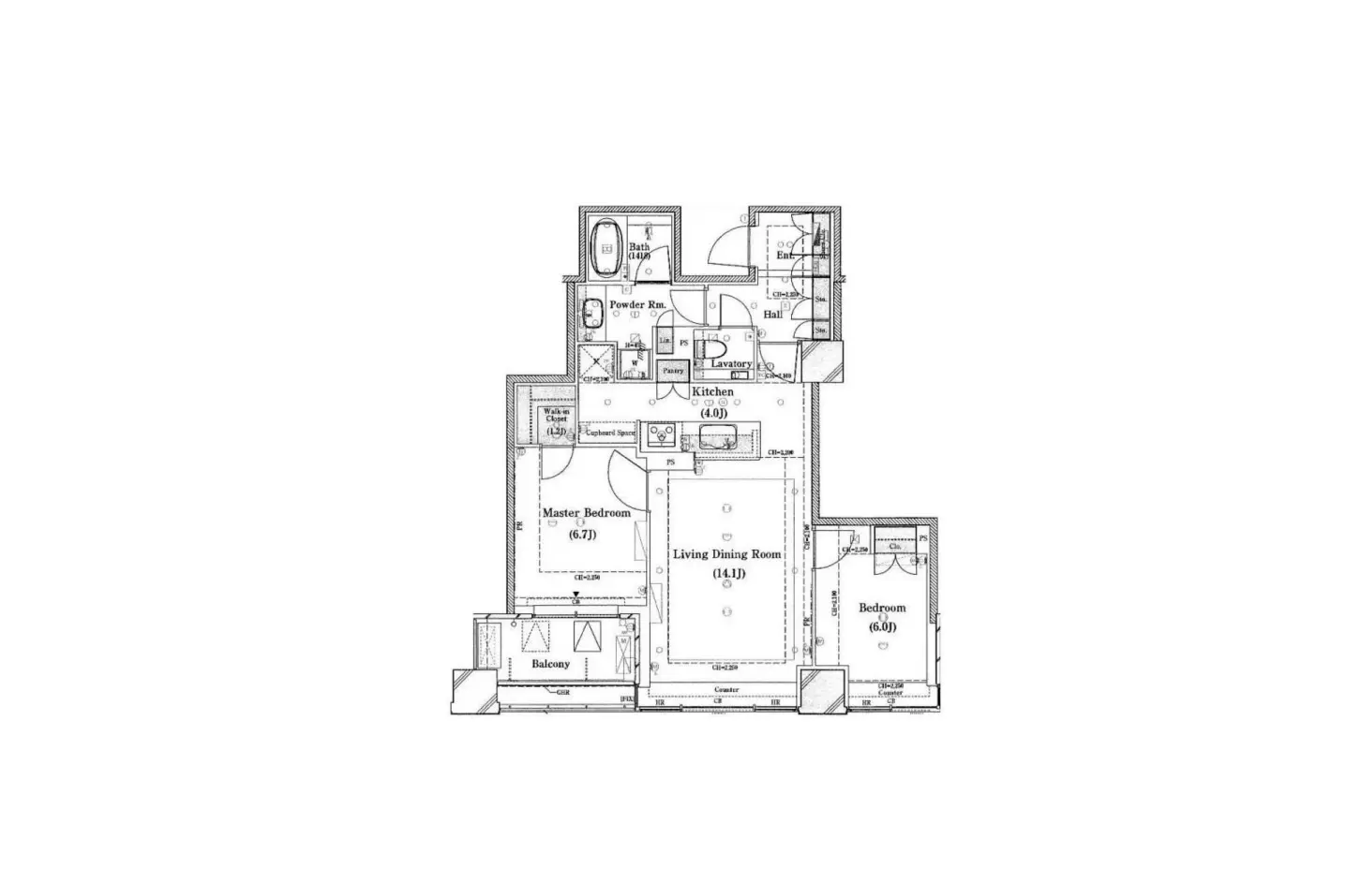 - 住宅の間取り図、主寝室、リビングダイニング、キッチン、バルコニーを含むレイアウトの詳細