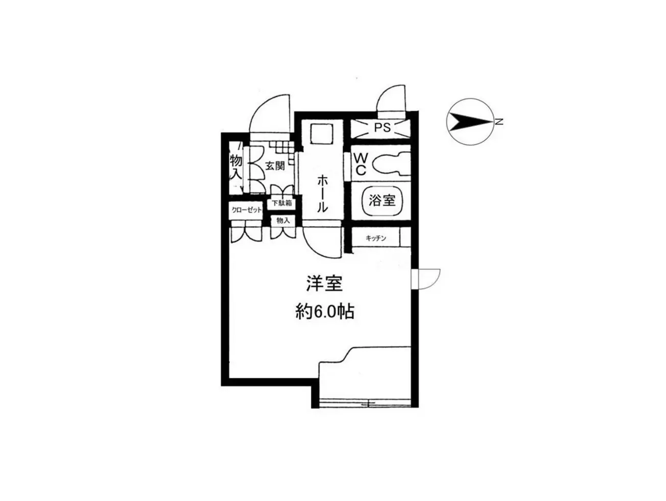 - 1LDKの間取り図、洋室約6.0帖、トイレ、浴室、キッチン、収納スペースを含む配置