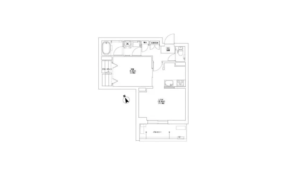 - 住宅の間取り図、LDKと洗面所を含む部屋の配置、収納スペースやバルコニーの位置が明示された設計図
