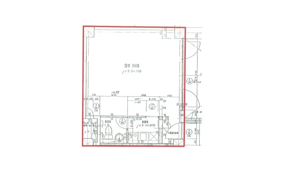 - シンプルな間取り図、部屋番号203、広さ約7.4畳の賃貸物件のレイアウトを示す図面