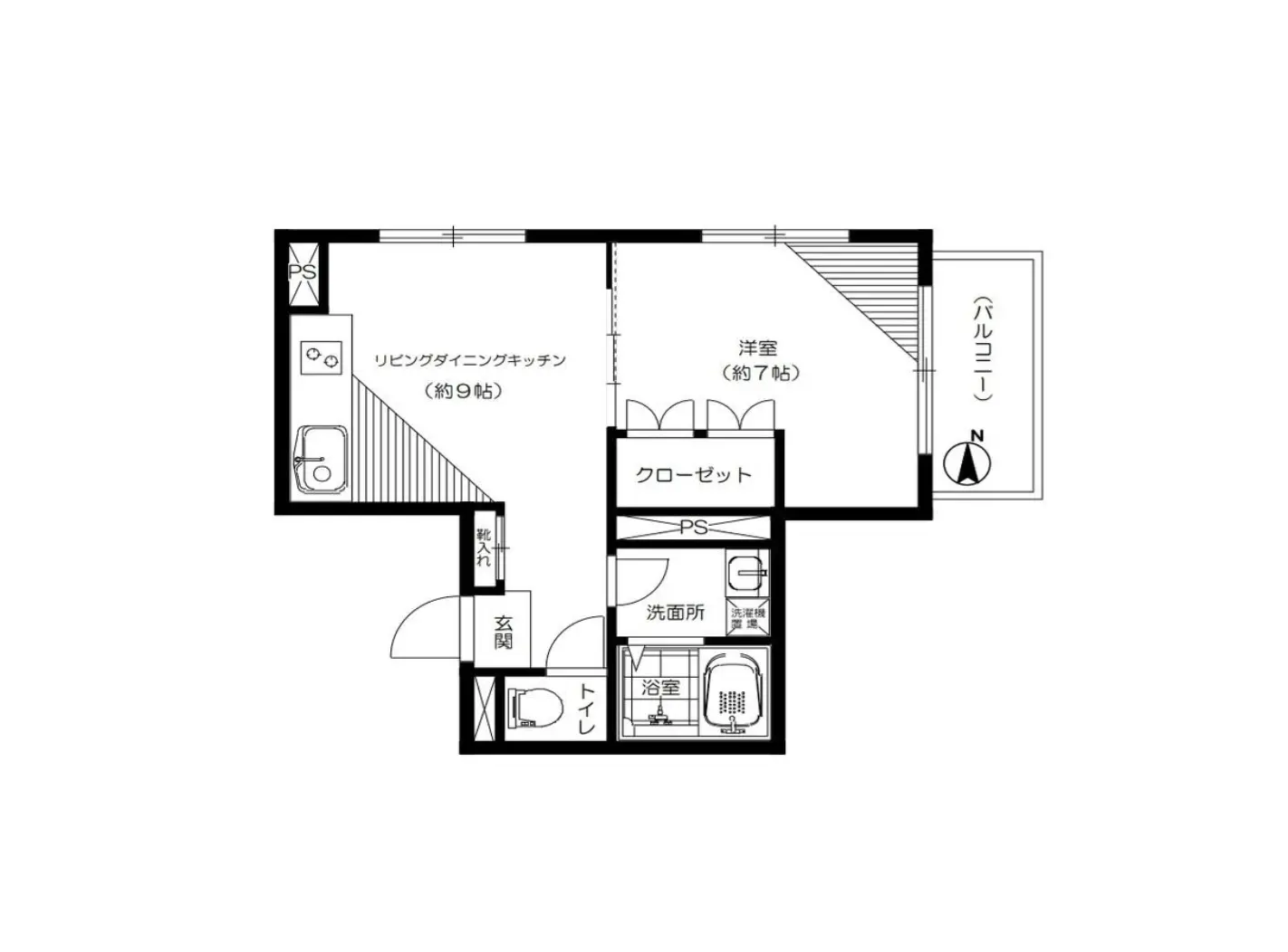 - 住宅の間取り図、リビングダイニングキッチン、洋室、トイレ、洗面所、浴室などの配置が示されている