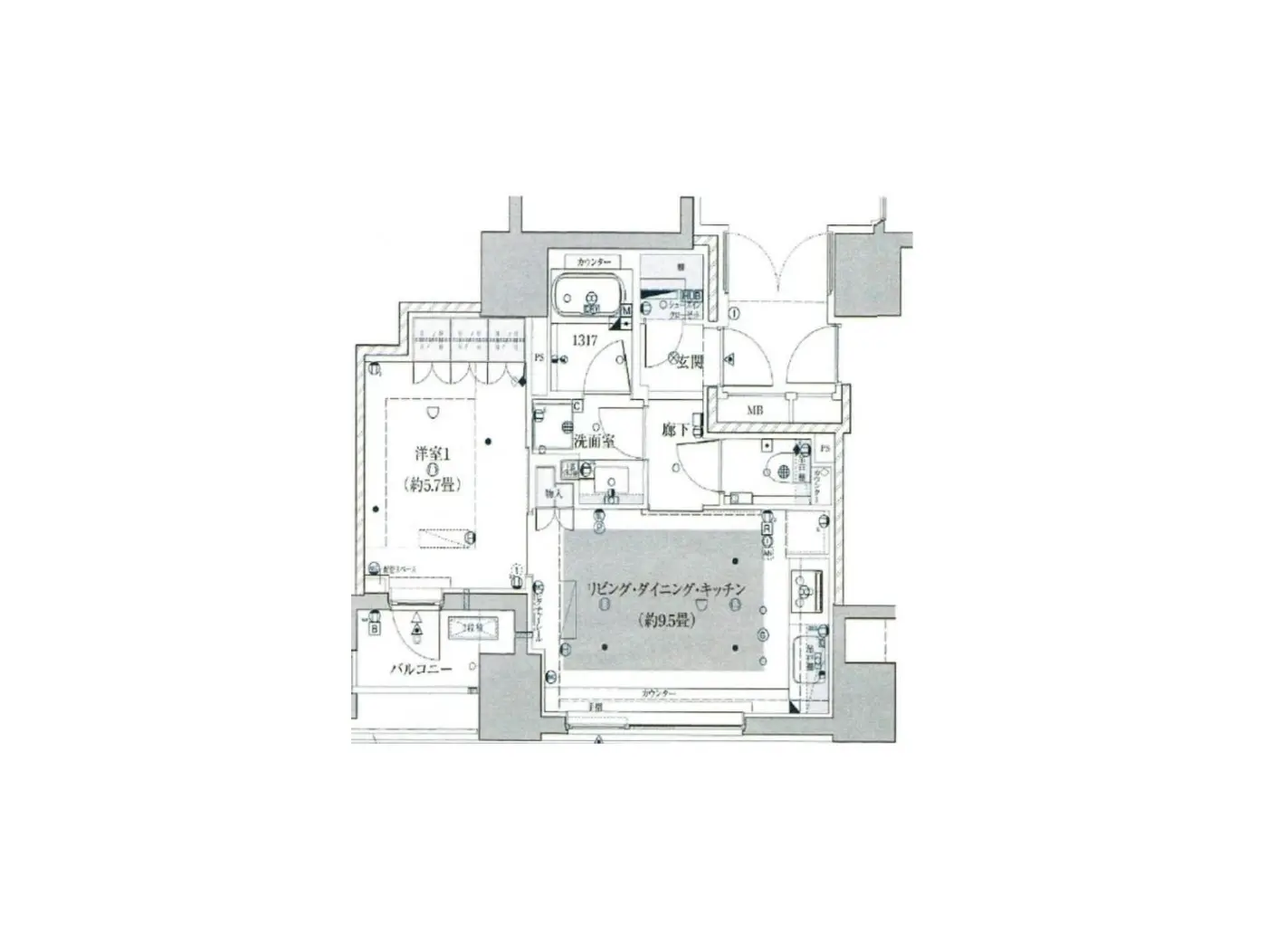 - リビングダイニングキッチン、洋室、バルコニーを含む住宅の間取り図、各部屋のサイズと配置が示されている。
