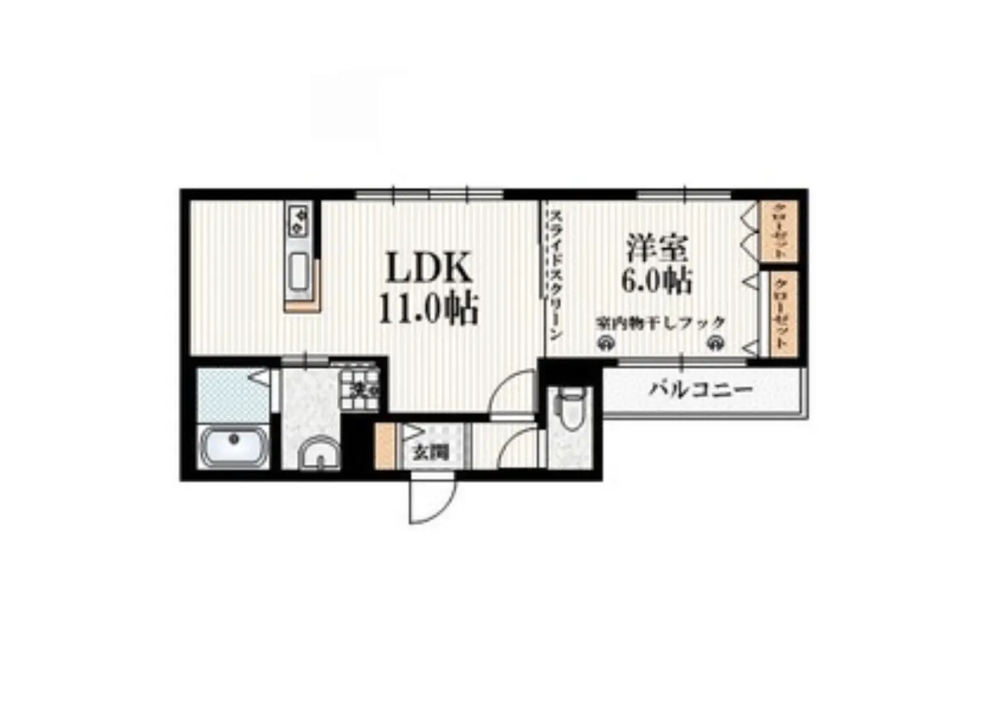 - 11.0帖のLDKと6.0帖の洋室、バルコニー付きの間取り図、玄関や洗面所の配置がわかるインテリア設計