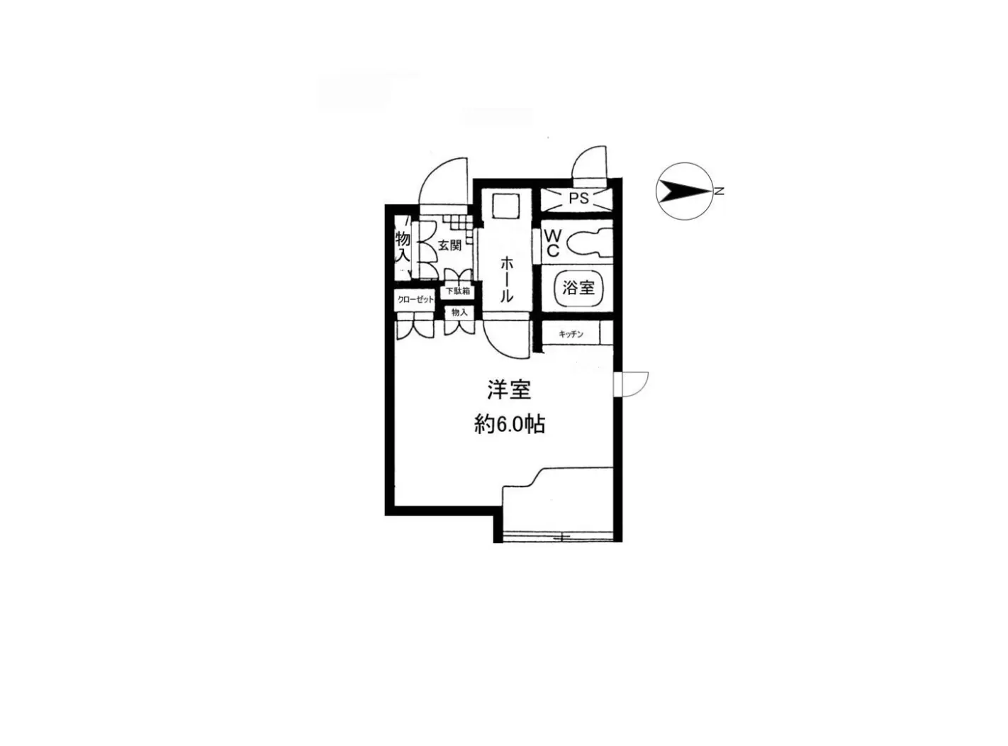 - 一人暮らし向けの約6.0帖の洋室を含む間取り図、キッチン、浴室、トイレ、収納スペースを配置したシンプルな設計の平面図