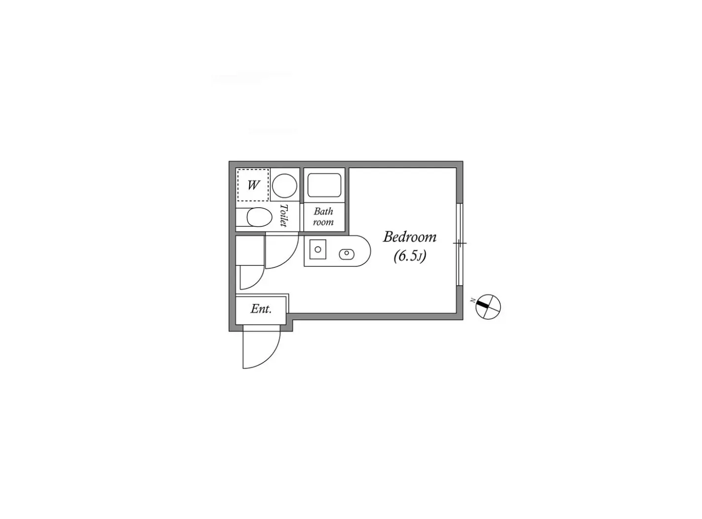 - 6.5畳の寝室、バスルームとトイレが隣接した間取り図、入口の詳細も表示