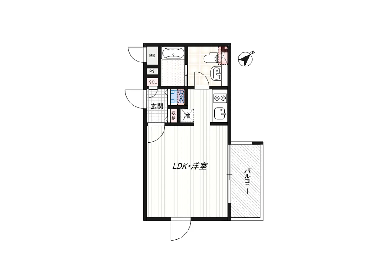 - LDKと洋室が配置された間取り図、玄関、収納、バルコニー付きの住宅設計