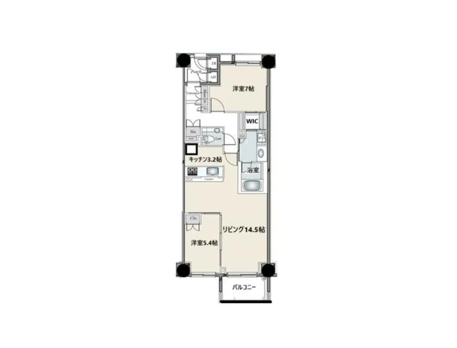 - 2LDKの間取り図、リビング14.5帖、洋室7帖と5.4帖、キッチン3.2帖、バルコニー付きのレイアウト