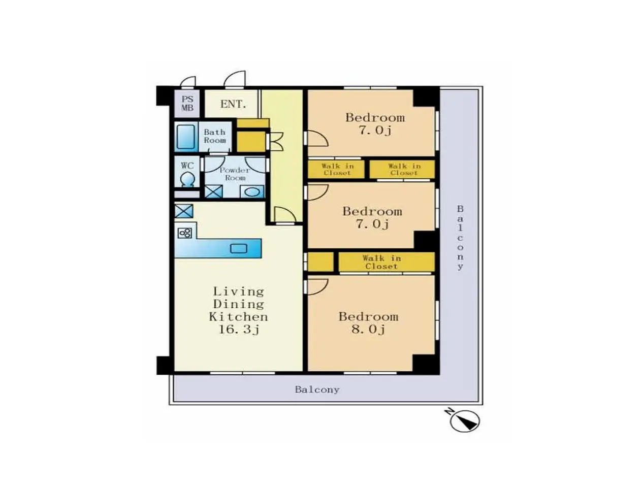 - 3LDKの間取り図、リビングダイニングキッチン、3つのベッドルーム、バルコニーを備えた住宅プラン