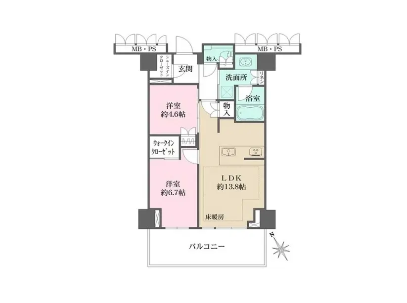 - 3LDKのマンション間取り図、リビングダイニングキッチン（LDK）約13.8帖と、2つの洋室、洗面所や浴室を含むレイアウト