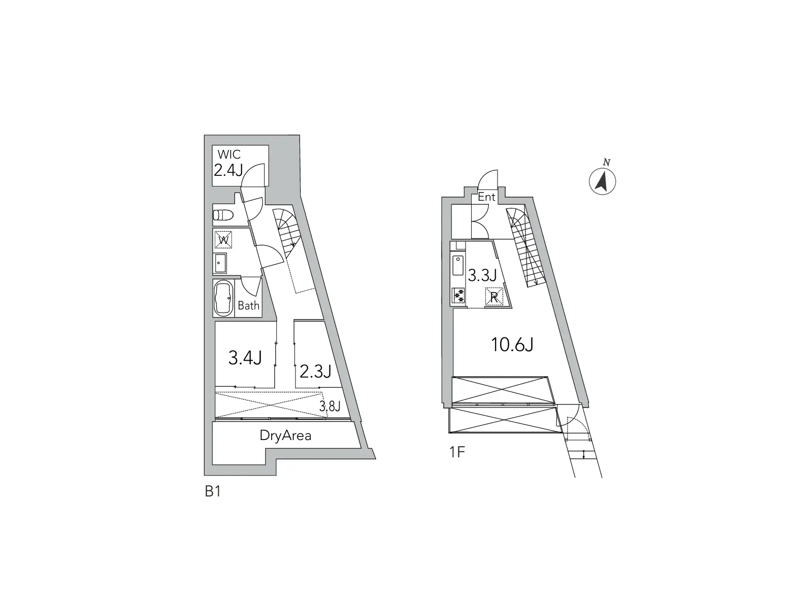 - 住宅のフロアプラン、1階と地下1階の間取り図、部屋のサイズや配置が示されている設計図