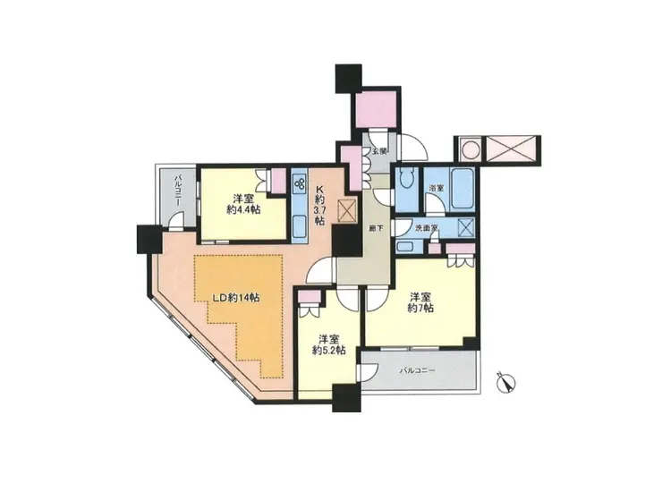 - 3LDKの間取り図、リビングダイニング約14帖、洋室約4.4帖、5.2帖、7帖、キッチン約3.7帖、バルコニーのある配置