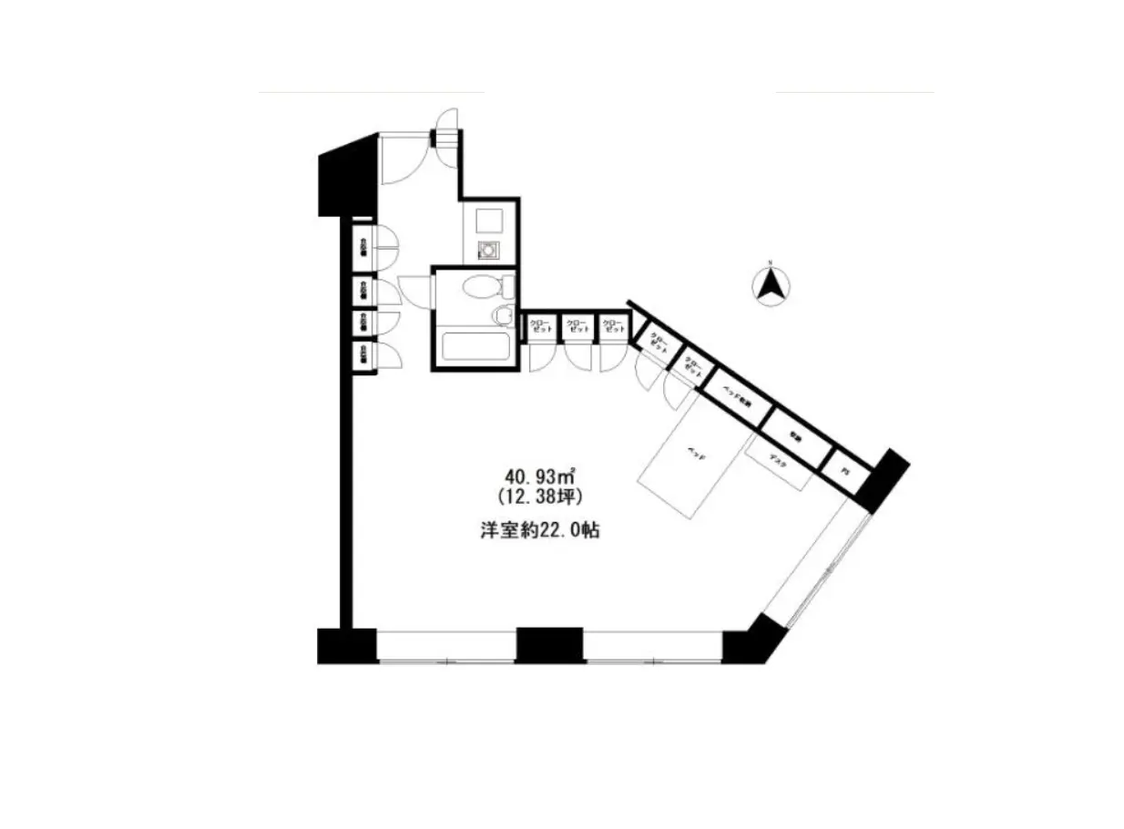 - 40.93㎡（12.38坪）の間取り図、約22.0帖の洋室を含む住居設計、各部屋の配置が明示されている。