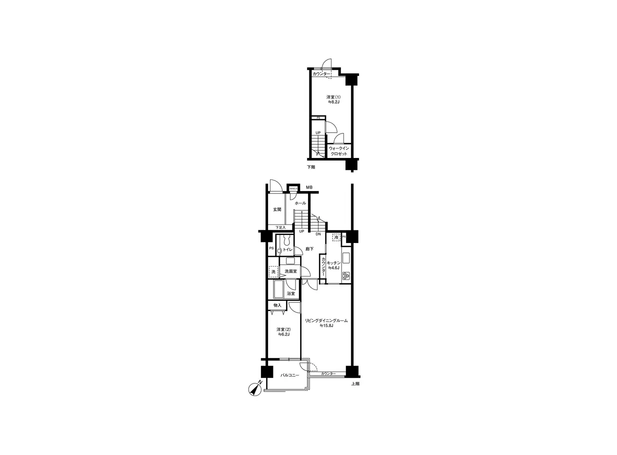 - 住宅の間取り図、2階建てでリビングダイニングルーム、キッチン、バルコニー、複数の寝室とバスルームを含む設計