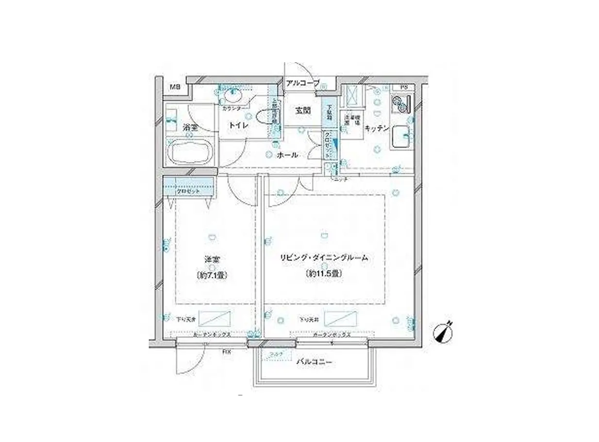 - リビング・ダイニングルームと洋室の間取り、キッチン、トイレ、浴室を含む住居の間取り図