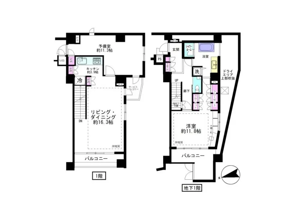 - 2階建て住宅の間取り図、1階にリビング・ダイニング、キッチン、2階に寝室、洗面所と浴室を配置した設計