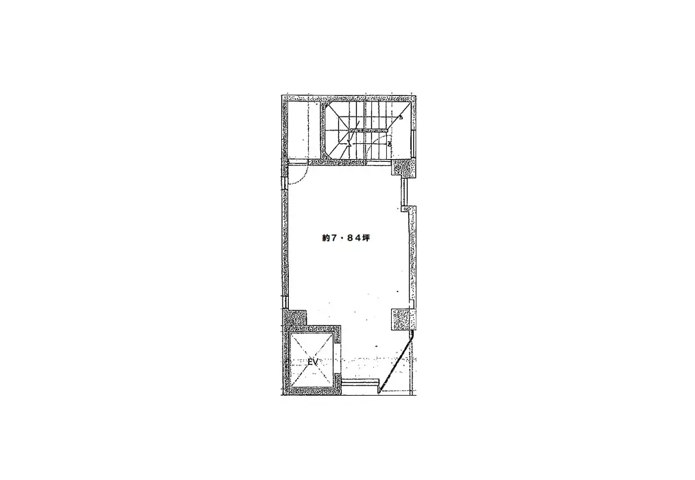 - 約7.84坪の間取り図、エントランス、階段、居住空間を示すシンプルなレイアウト