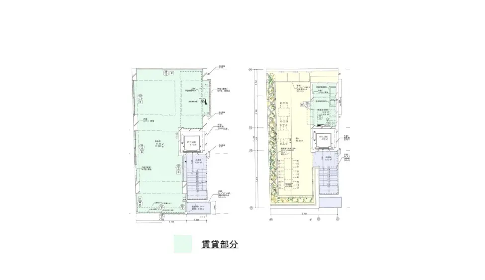 - 建物の賃貸部分の間取り図、部屋数や設備を示す詳細な設計図。