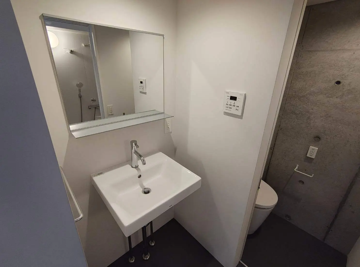 - モダンなデザインの洗面所、壁掛けミラーとシンプルな洗面台、隣にトイレが見えるインテリア