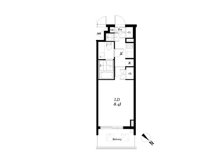 - 1LDKの間取り図、リビングダイニングが約8.4畳、バルコニーと各部屋の配置が示された設計図