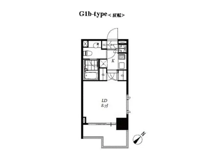 - G1b-typeの間取り図、リビングダイニング（LD）やキッチンの配置が示された設計図