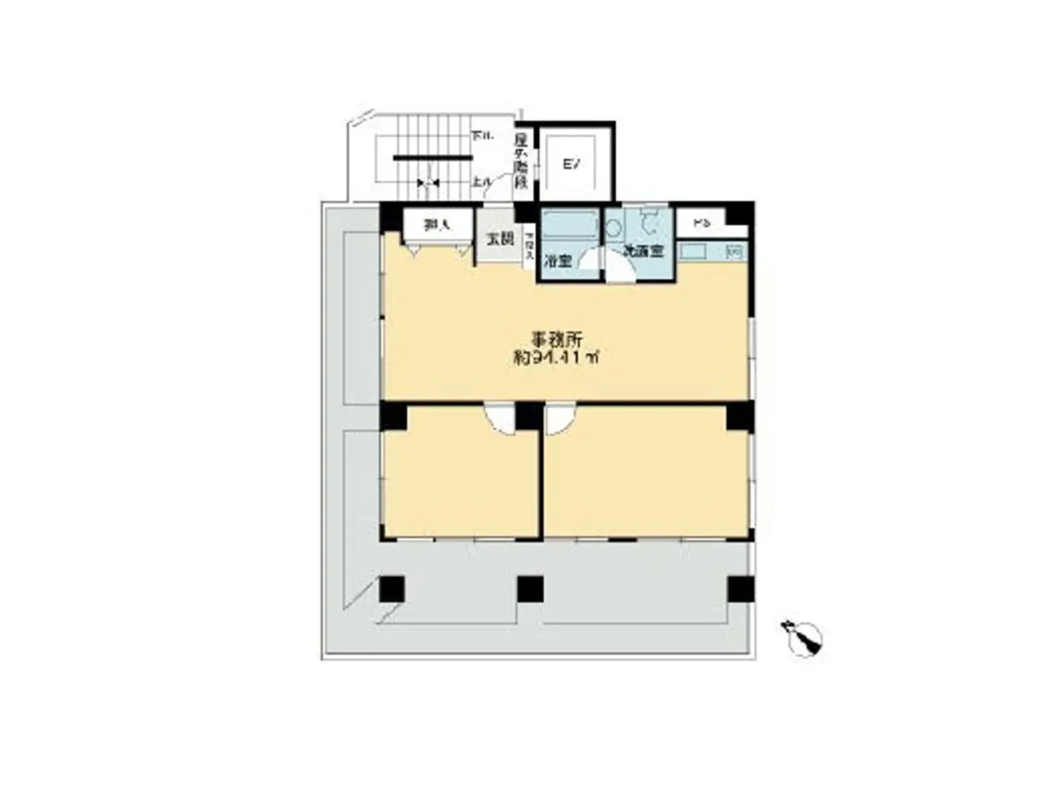 - 住宅の間取り図、2つの寝室と1つの浴室、広いリビングスペース、事務所スペースとキッチンを含むレイアウト
