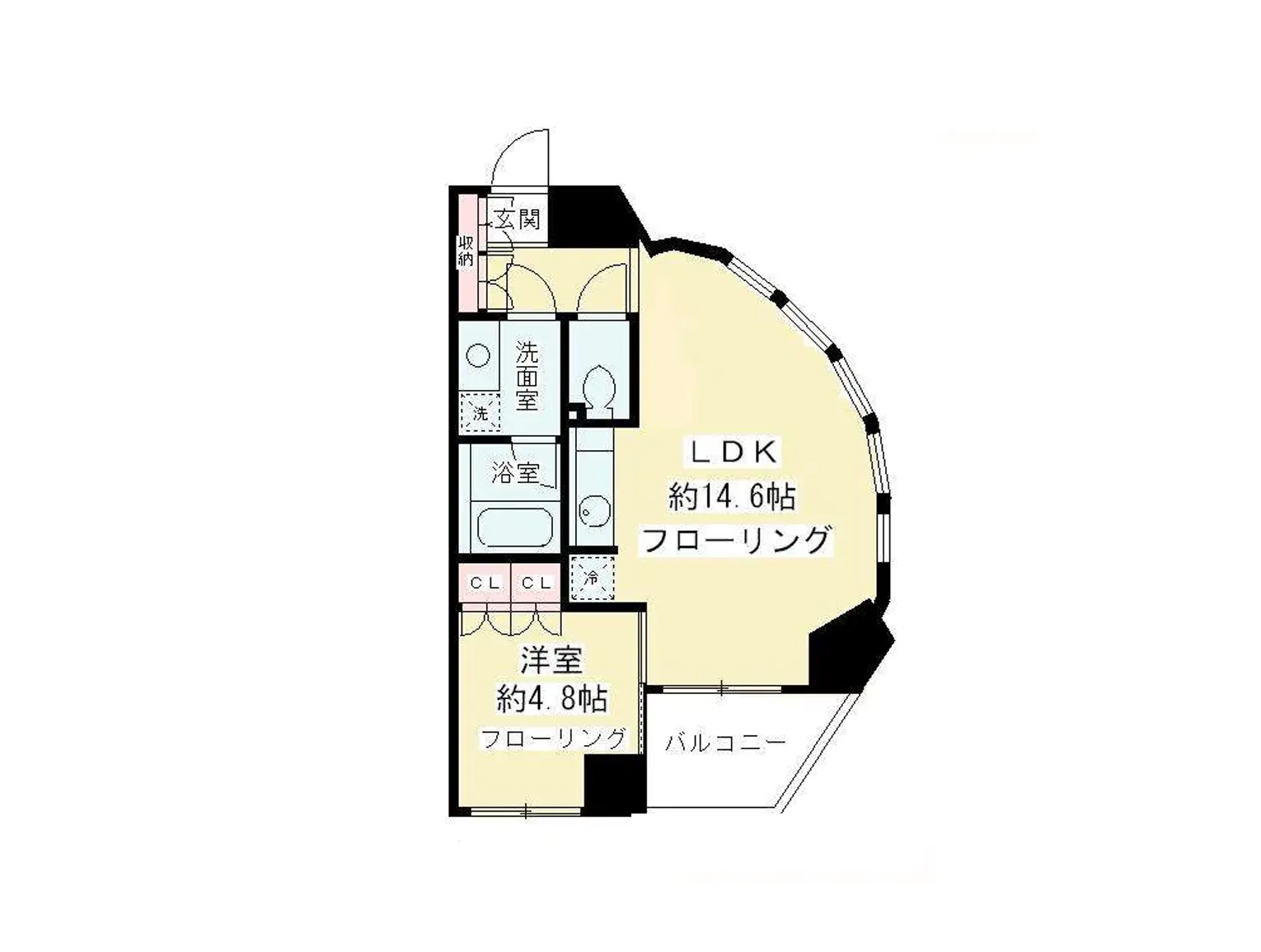 - LDK約14.6帖、洋室約4.8帖、洗面室、浴室、バルコニーを含む間取り図