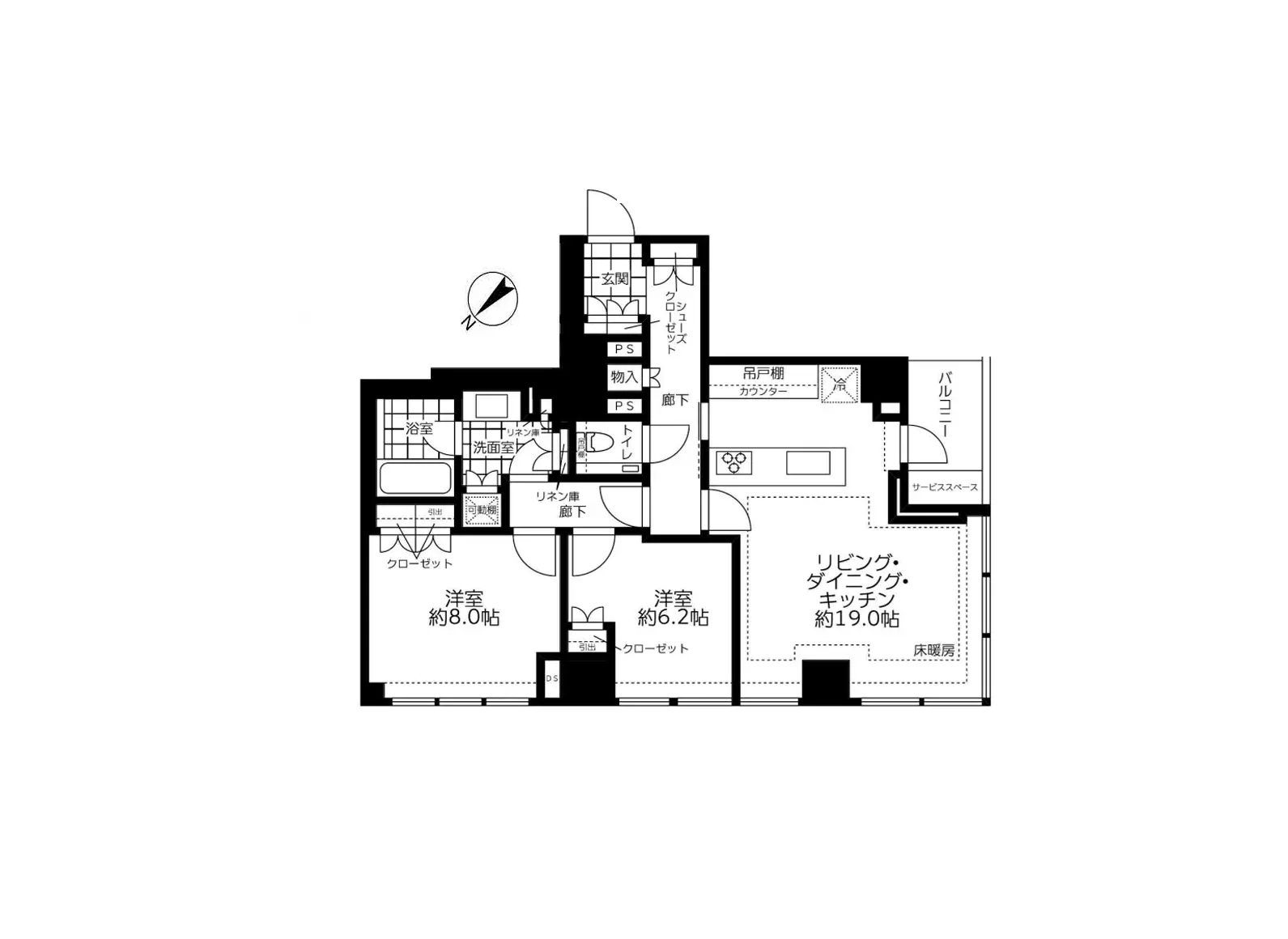 - 2LDKの間取り図、リビング・ダイニング・キッチン約19.0帖、洋室約8.0帖と約6.2帖、バルコニー付きの住宅設計