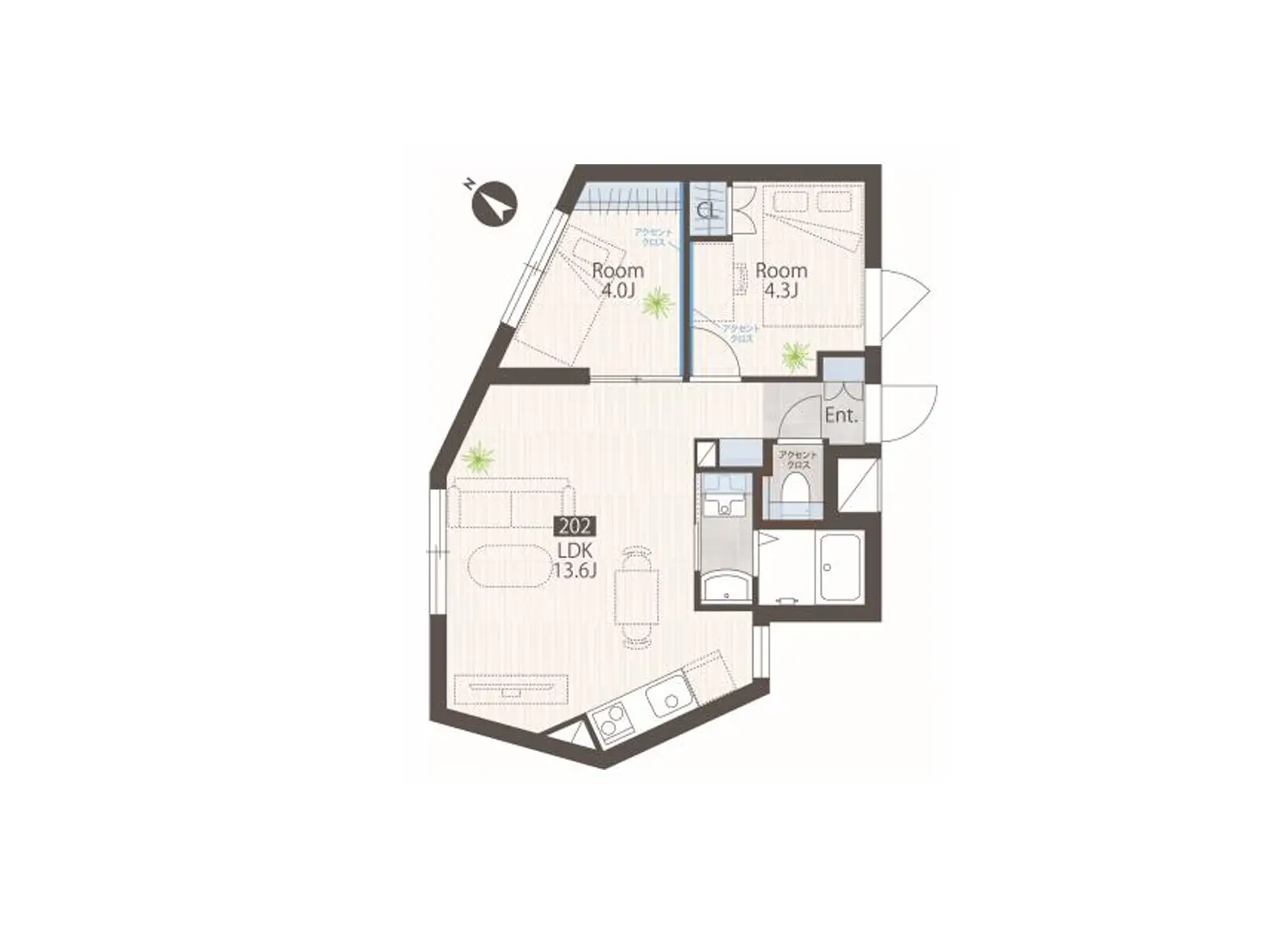 - 2LDKの間取り図、リビングダイニングキッチンは13.6畳、個室が2部屋あり、出入り口と収納スペースを含む配置。