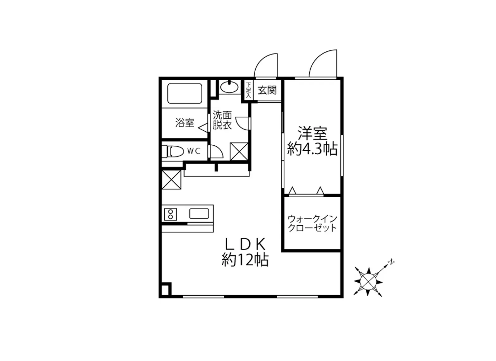 - キッチン、リビングダイニング、洋室、バスルーム、トイレ、洗面脱衣所を含む間取り図、洋室は約4.3帖、LDKは約12帖でウォークインクローゼット付き
