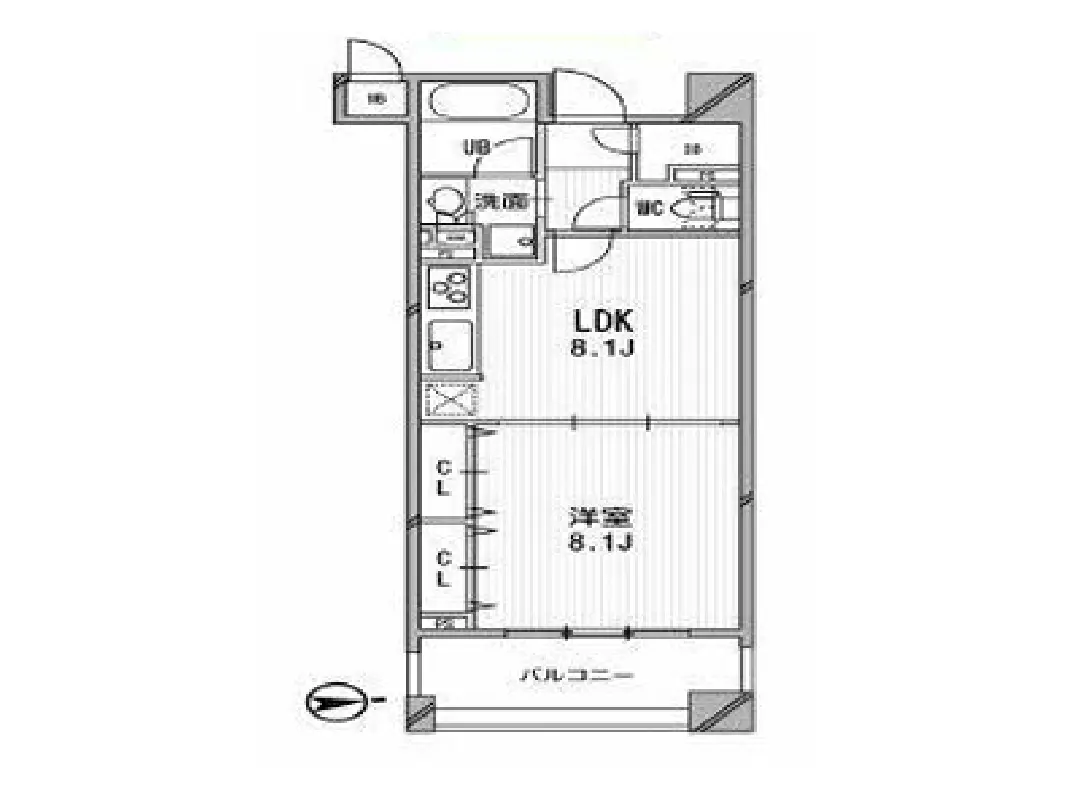 - 8.1畳のLDKと洋室、洗面所やトイレを含む間取りの図面