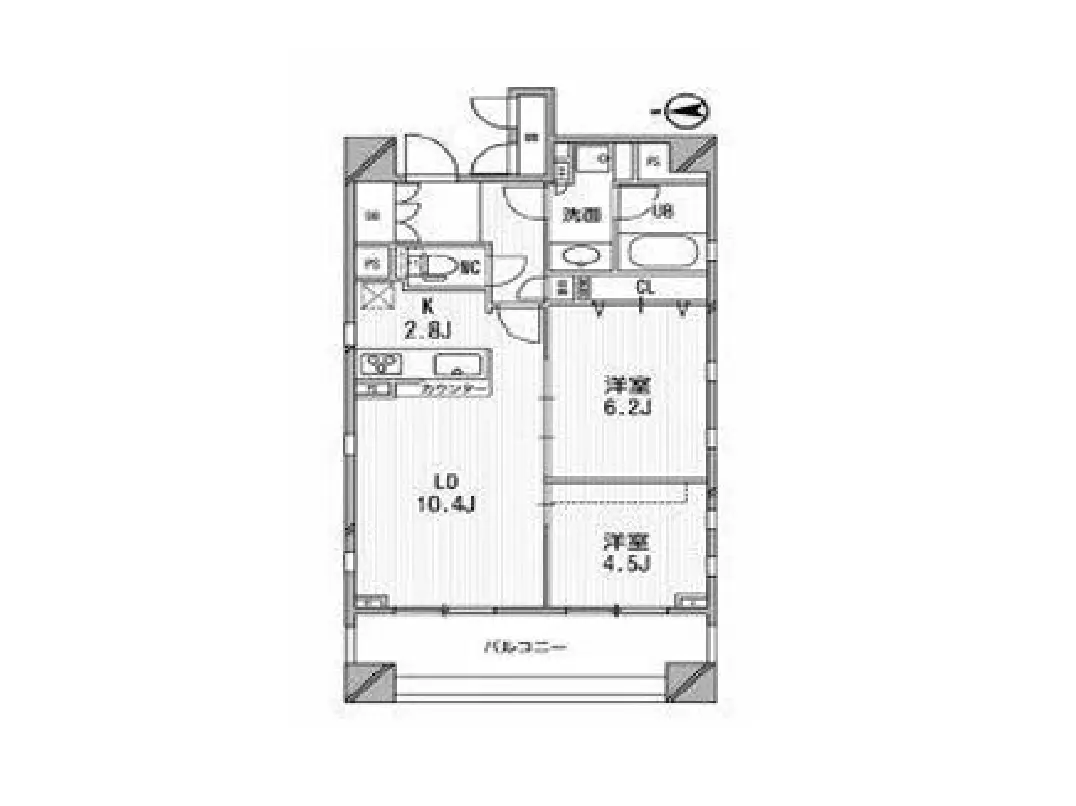 - リビングダイニングとキッチン、2つの洋室とバルコニーを含む間取り図、部屋の広さが明記されている