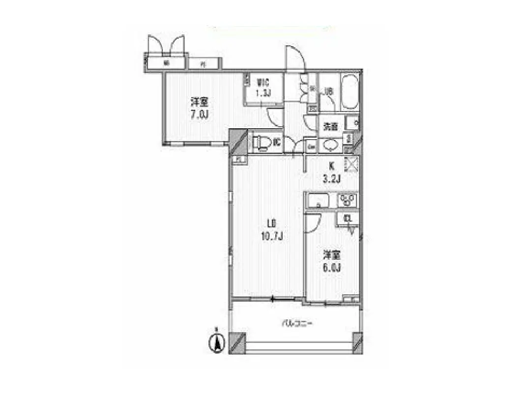 - 2LDKの間取り図、各部屋の広さと配置が明示された詳細な住宅レイアウト