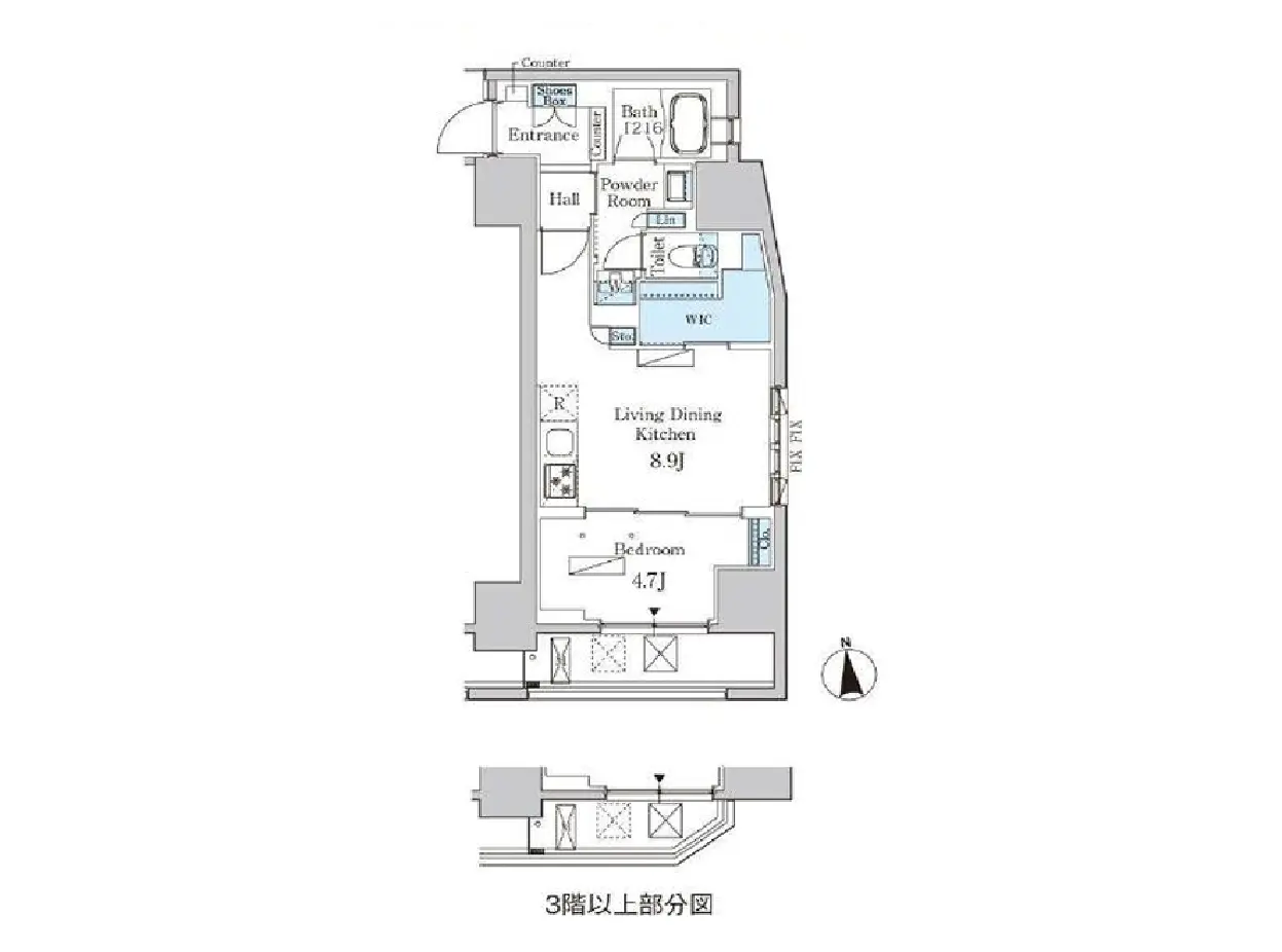 - 3階以上の部屋の間取り図、リビングダイニングキッチン、寝室、浴室、トイレの配置が示された図面