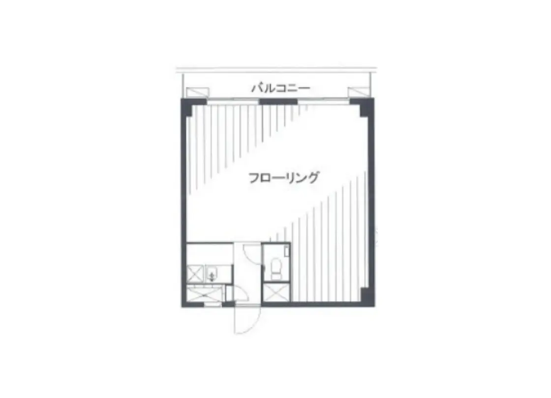 - バルコニーとフローリングのあるシンプルな間取り図、トイレと洗面所が配置されたレイアウト