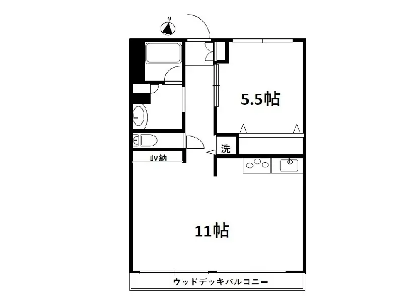 - 間取り図、11帖のリビング、5.5帖の寝室、洗面所、収納スペースを含むシンプルなレイアウト
