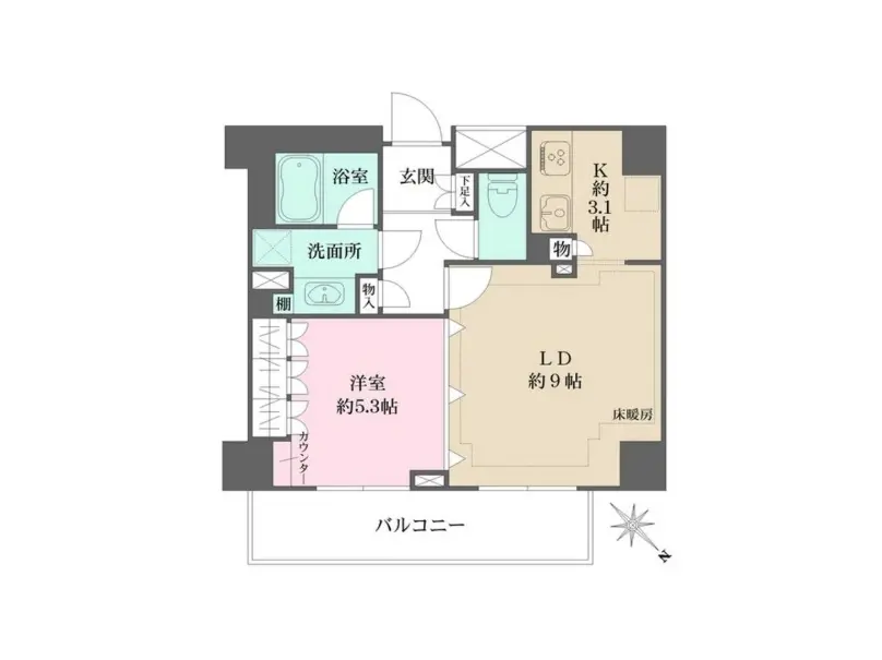 - 1LDK間取り図、洋室約5.3帖、リビングダイニング約9帖、キッチン約3.1帖、浴室、洗面所、バルコニー付きの平面図