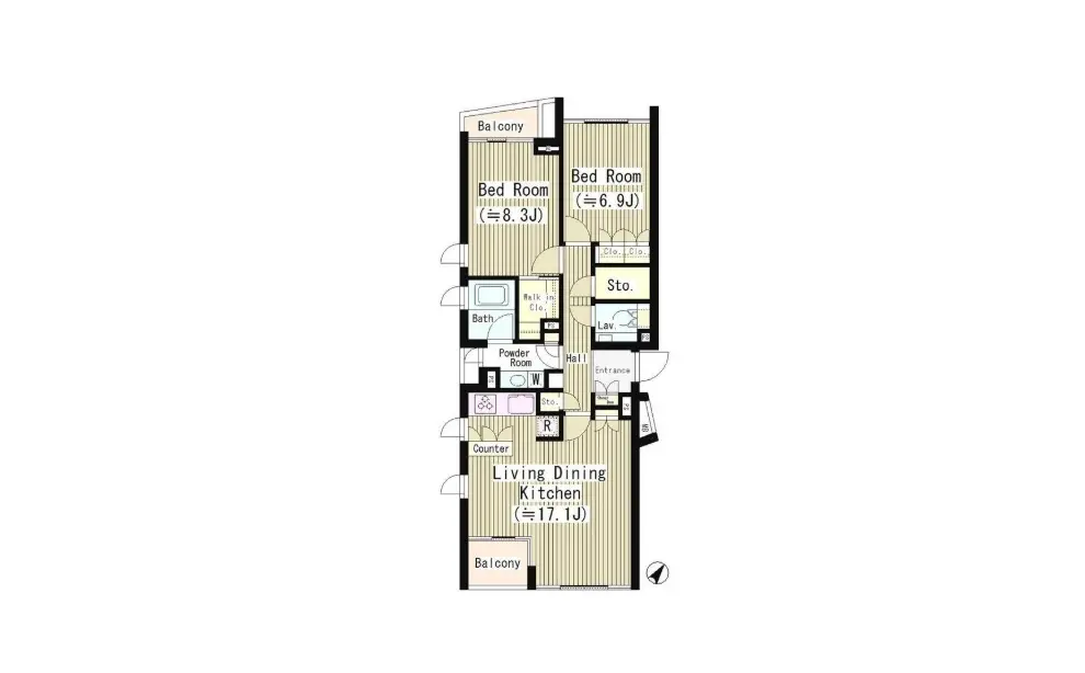 - 間取り図、リビングダイニングキッチンや三つの寝室、バルコニーを含む居住スペースの配置を示す図面